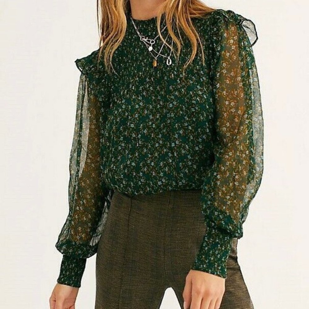 Free People Roma Forest Combo Peasant Blouse Green Floral Top NWT Boho Chic